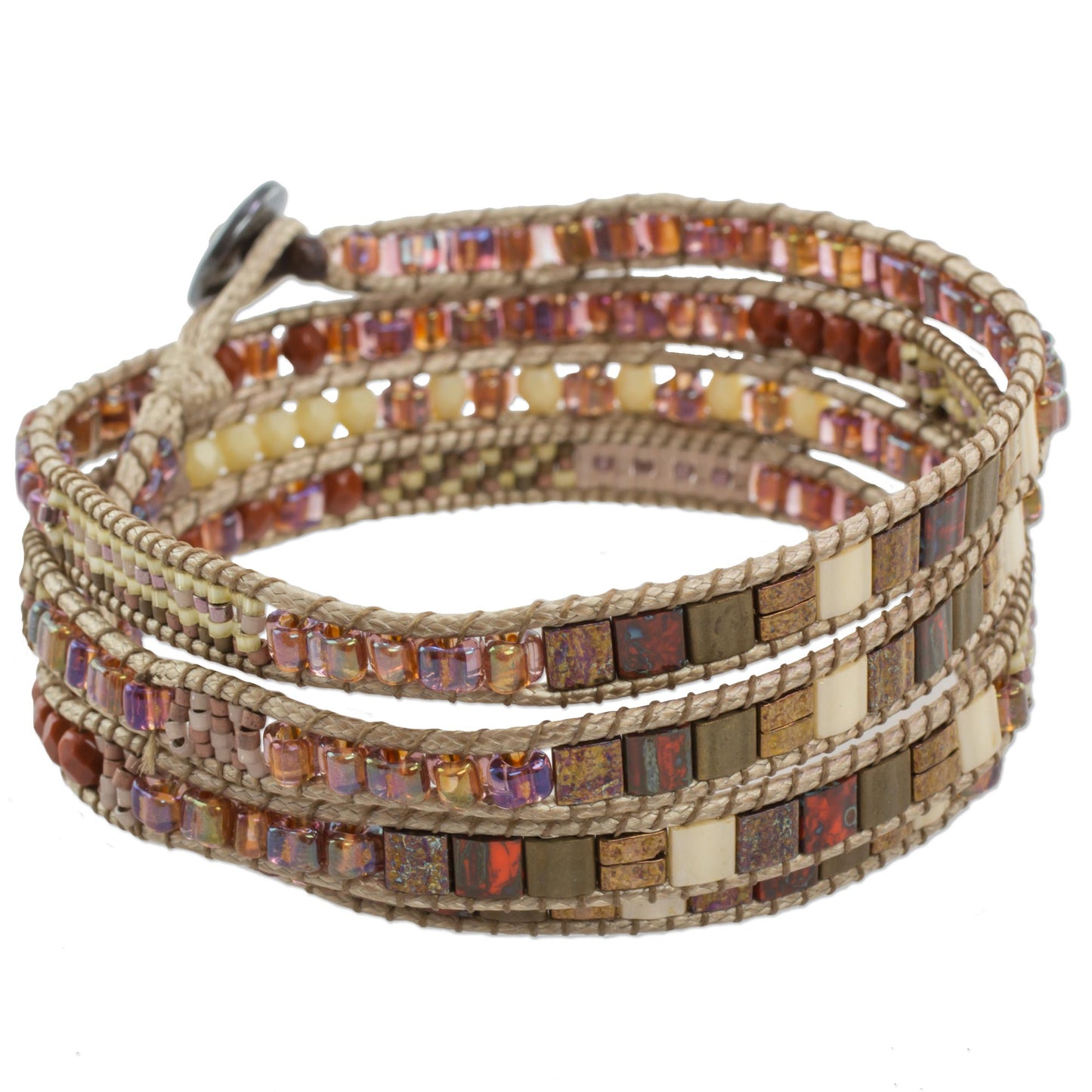 Autumn Sweetness Glass Beaded Wrap Bracelet in Beige from Guatemala