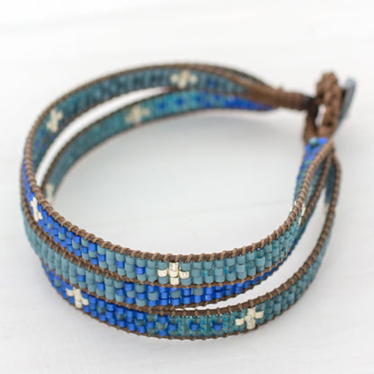 Blue Coast Glass Beaded Wristband Bracelet in Blue from Guatemala