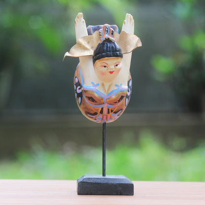 Flying Lady in Peach Hand Carved Wood Sculpture Flying Woman Beige Indonesia