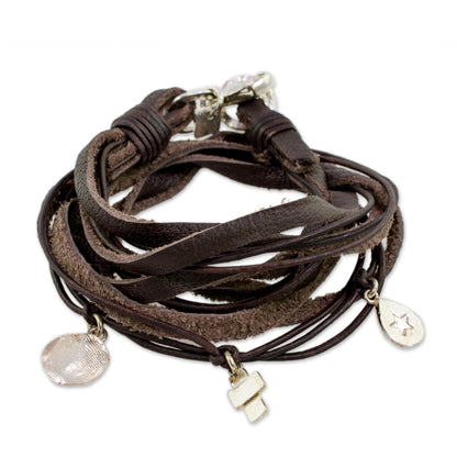 Stellar Imprint Leather Fine Silver Wrap Charm Bracelet from Guatemala