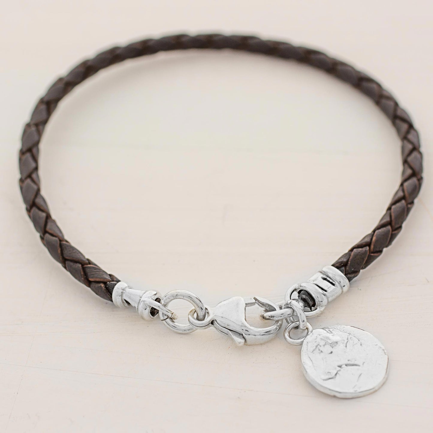 Walk of Life in Brown Fine Silver Brown Leather Charm Wristband Bracelet Guatemala