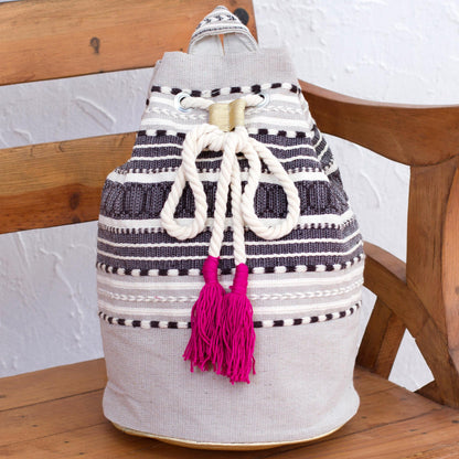 Day Trip Light Striped Drawstring Cotton Backpack Handcrafted in Mexico