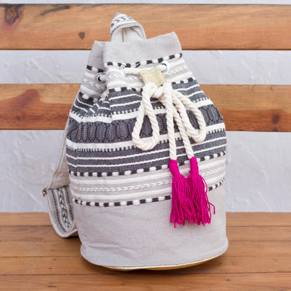 Day Trip Light Striped Drawstring Cotton Backpack Handcrafted in Mexico