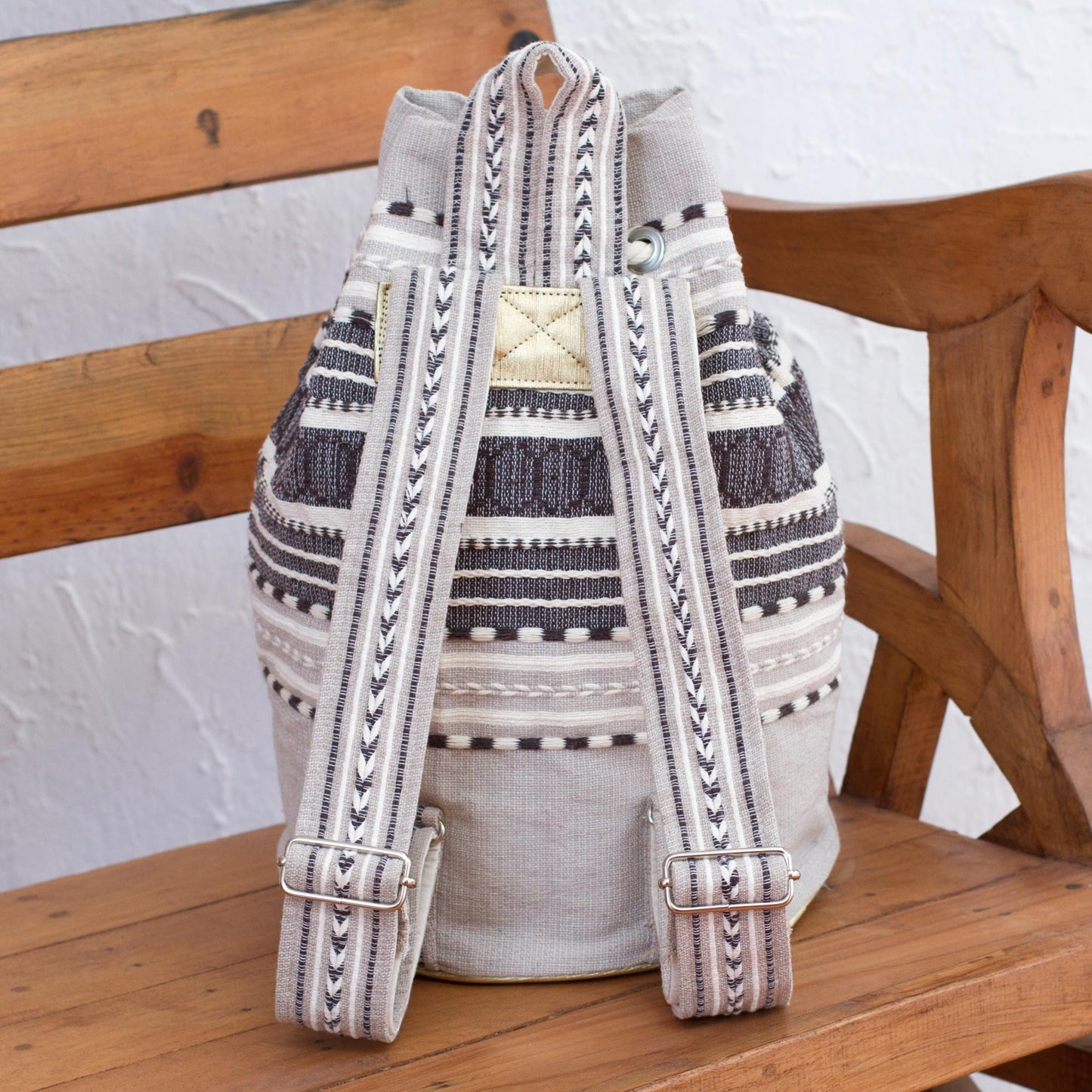 Day Trip Light Striped Drawstring Cotton Backpack Handcrafted in Mexico