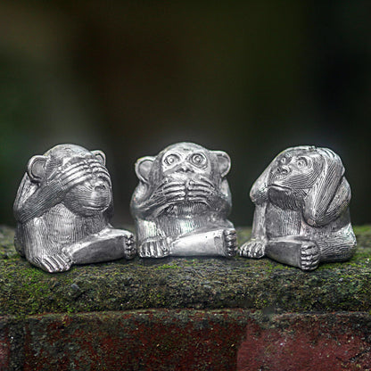 Monkeys of Wisdom Silver Colored Bronze Monkey Figurines (Set of 3) Indonesia