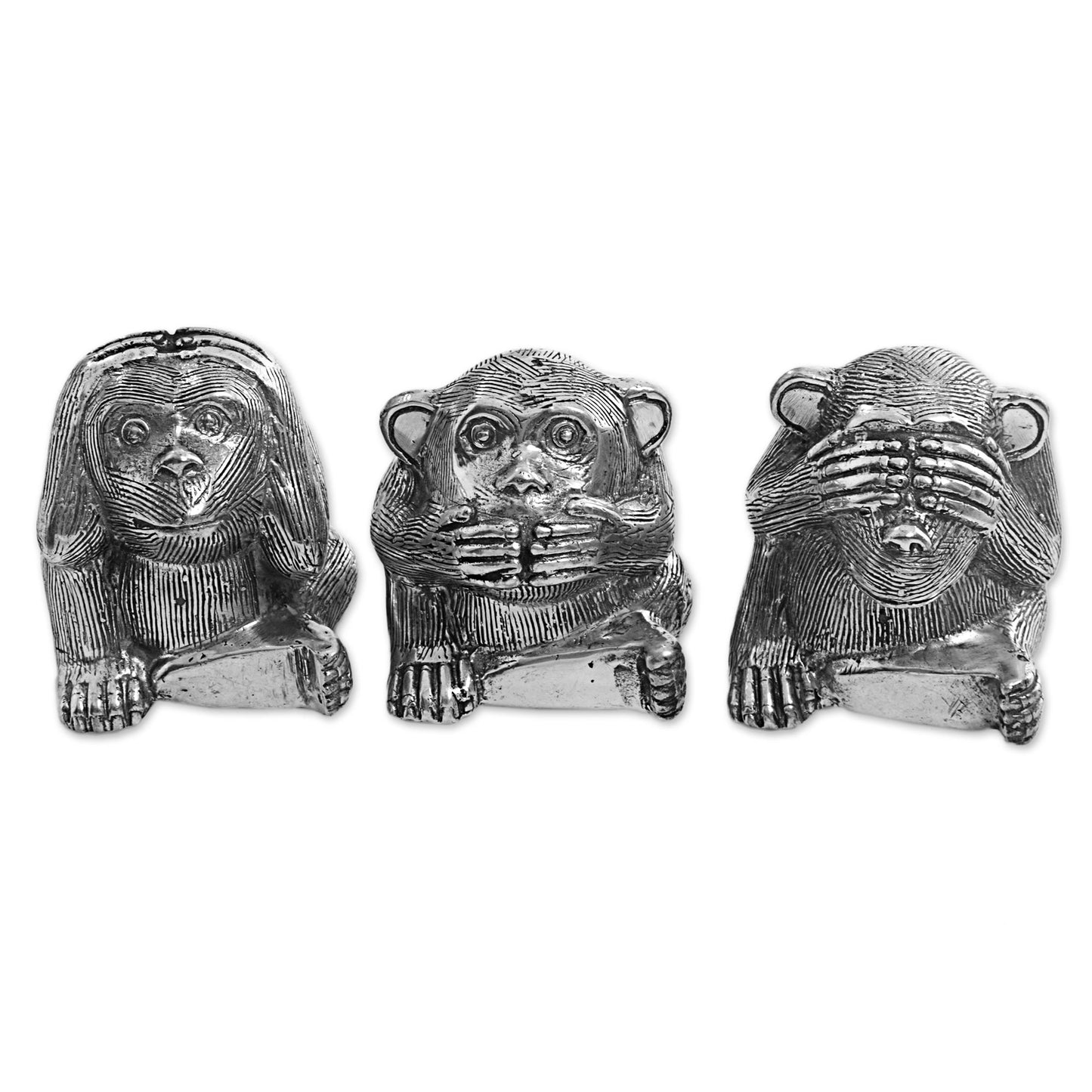 Monkeys of Wisdom Silver Colored Bronze Monkey Figurines (Set of 3) Indonesia