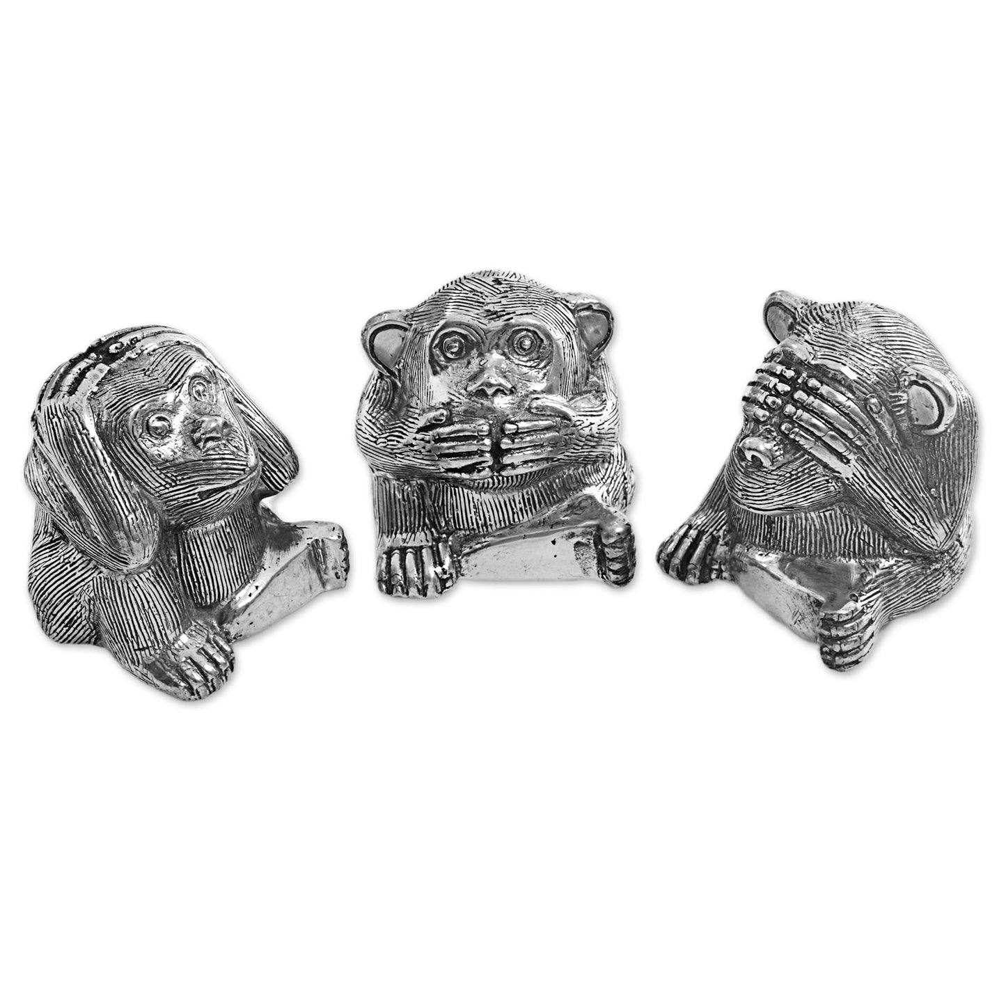 Monkeys of Wisdom Silver Colored Bronze Monkey Figurines (Set of 3) Indonesia