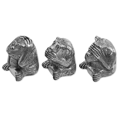 Monkeys of Wisdom Silver Colored Bronze Monkey Figurines (Set of 3) Indonesia