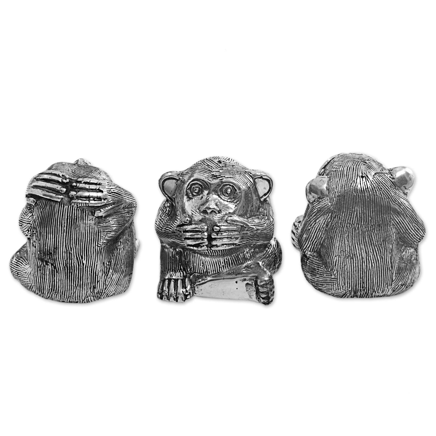 Monkeys of Wisdom Silver Colored Bronze Monkey Figurines (Set of 3) Indonesia