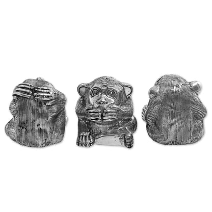 Monkeys of Wisdom Silver Colored Bronze Monkey Figurines (Set of 3) Indonesia