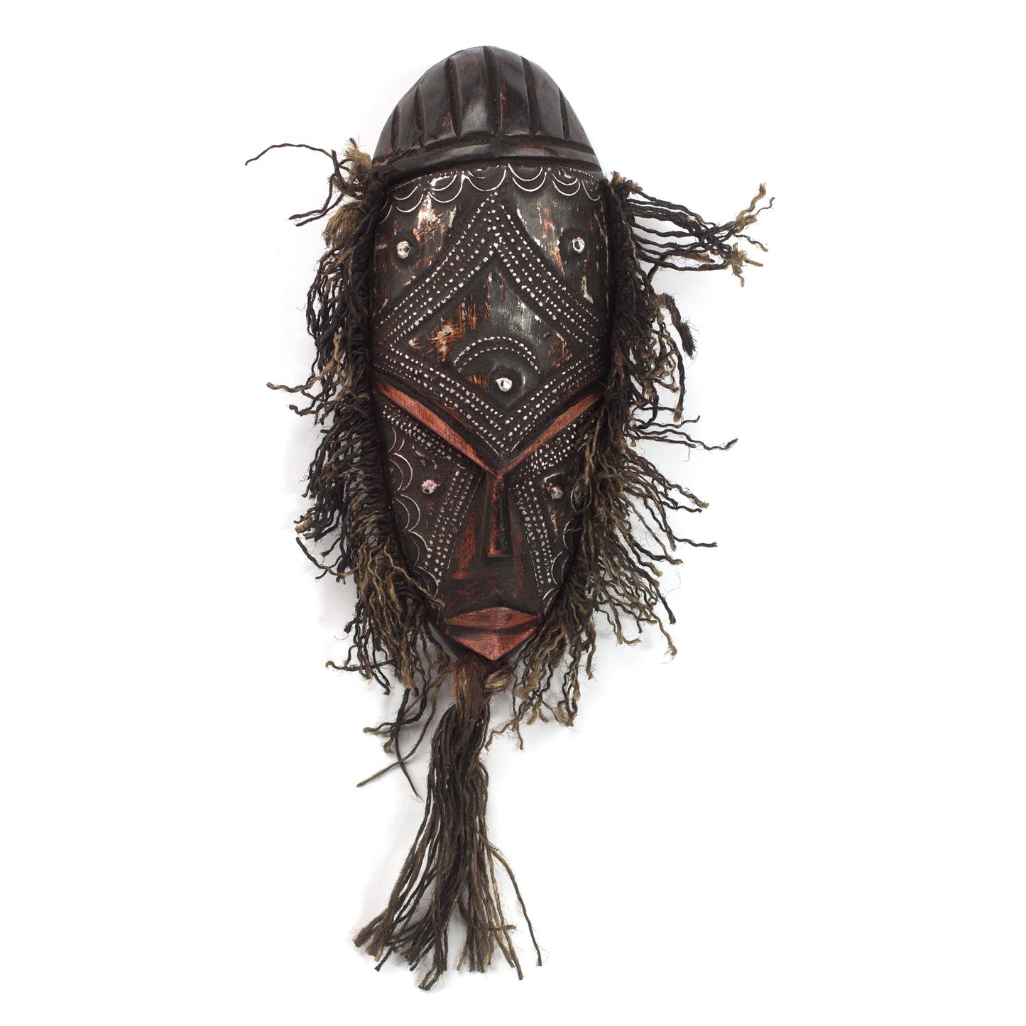 Brown Kotoku Wood Aluminum and Cotton African Mask from Ghana