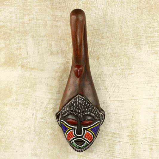 Scorpion Face Brown Wood Aluminum Recycled Glass Bead African Mask Ghana