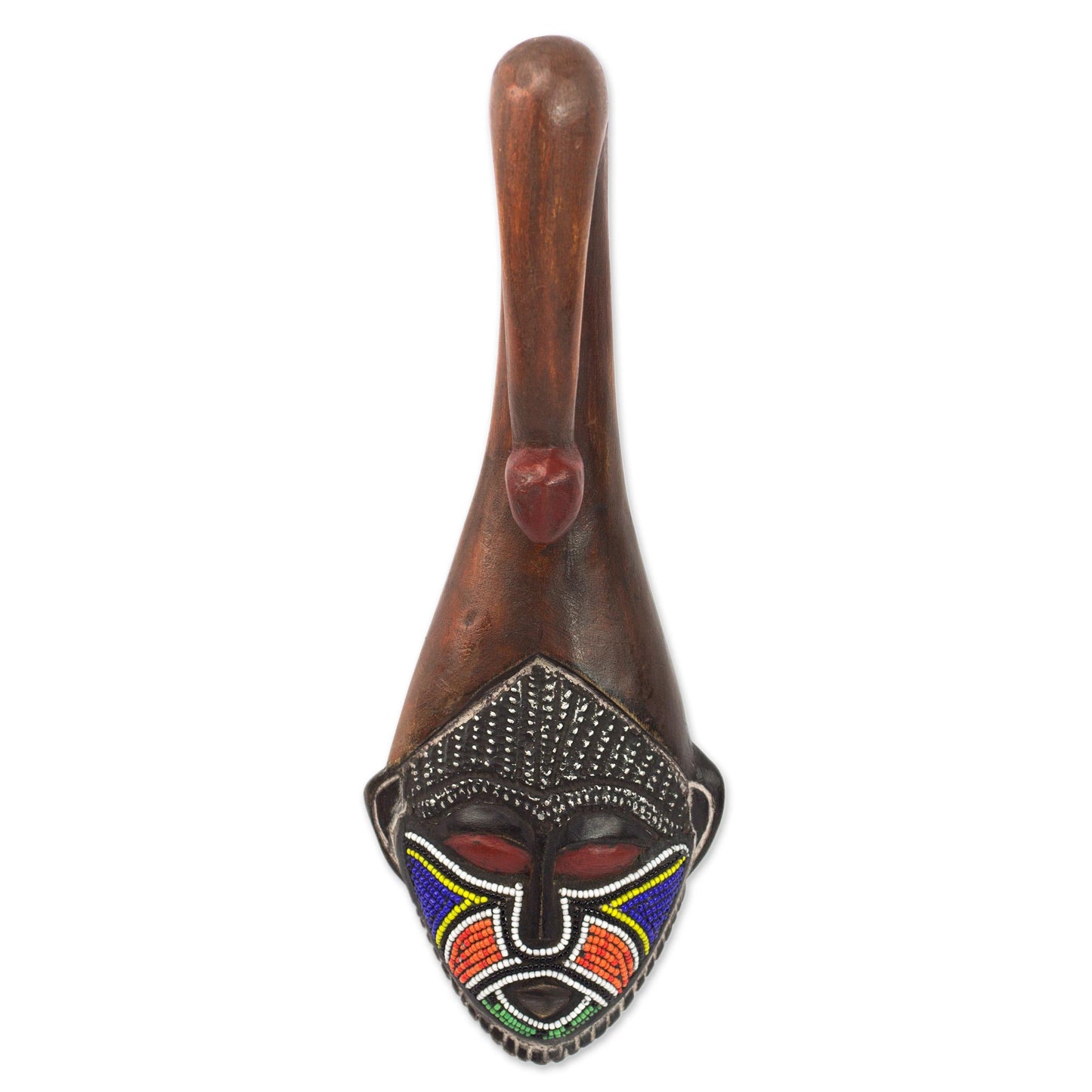 Scorpion Face Brown Wood Aluminum Recycled Glass Bead African Mask Ghana