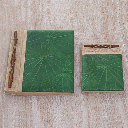 Autumn Spirit in Green Handcrafted Pair of Rice Paper Notebooks from Indonesia