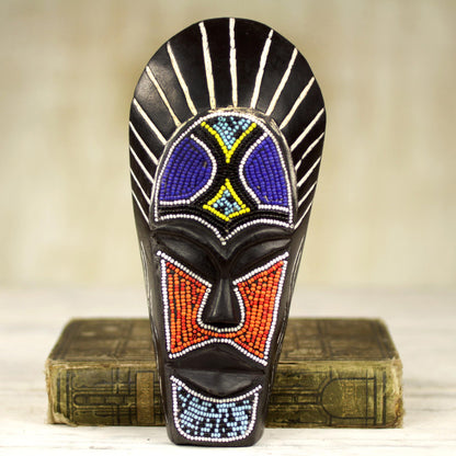 Wangari Warrior Black African Mask Wood Recycled Glass Beads from Ghana