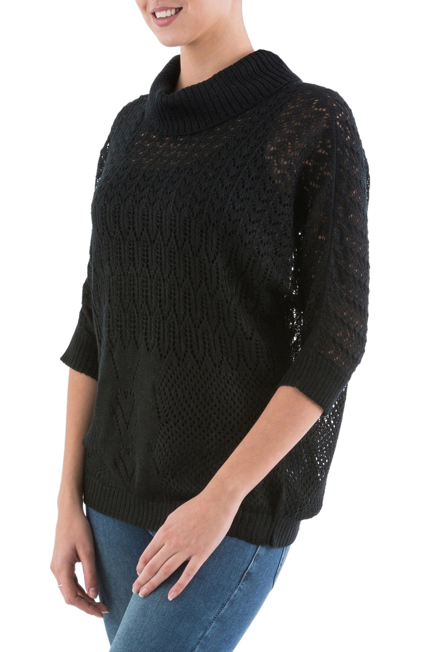 Evening Flight in Black Black Pullover Sweater with Three Quarter Length Sleeves