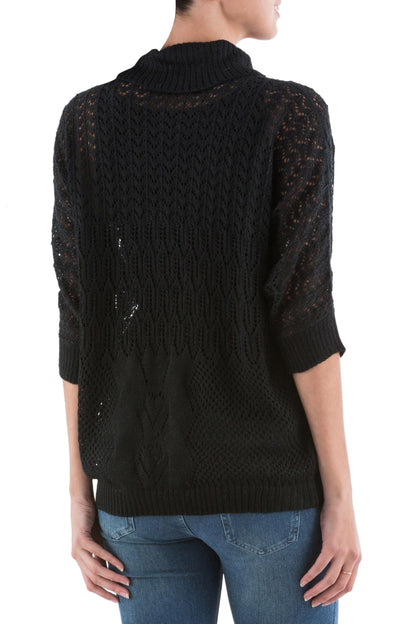 Evening Flight in Black Black Pullover Sweater with Three Quarter Length Sleeves