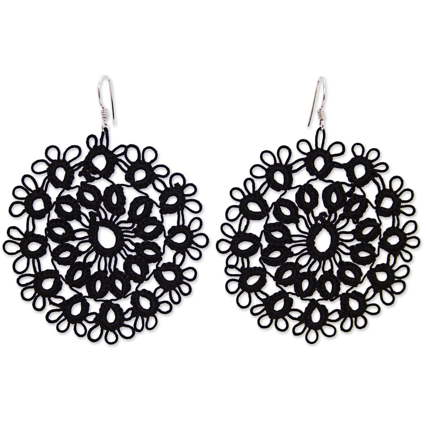 Black Doily Handcrafted Black Cotton Dangle Earrings with Doily Motif