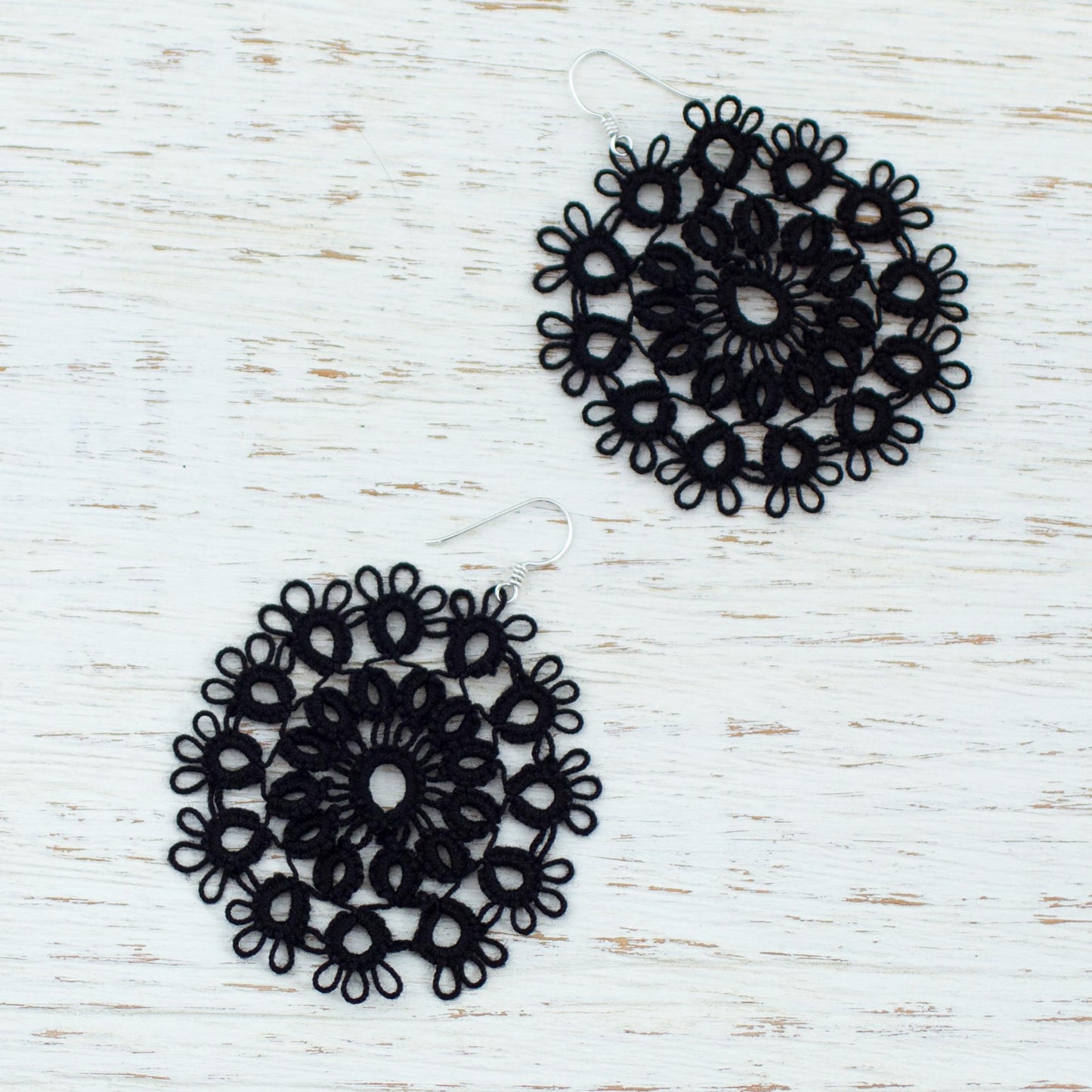 Black Doily Handcrafted Black Cotton Dangle Earrings with Doily Motif