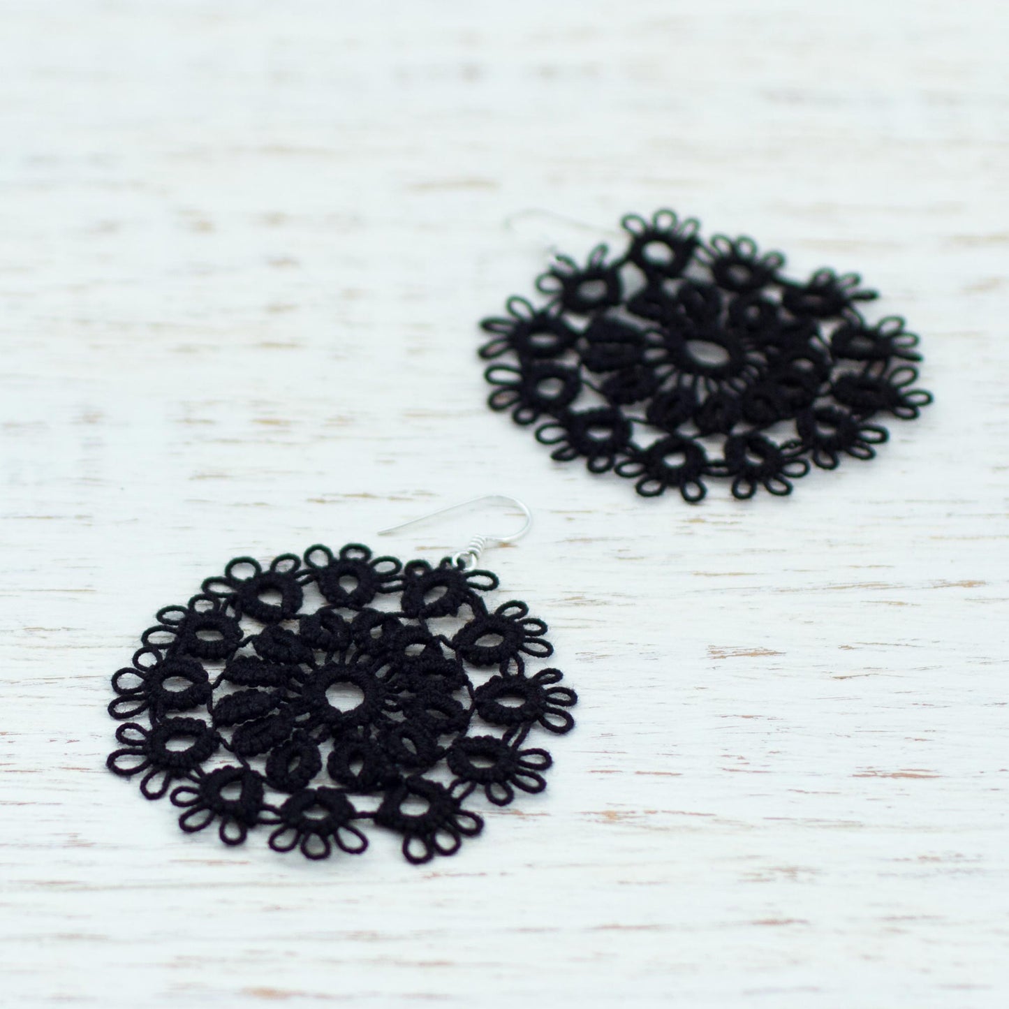 Black Doily Handcrafted Black Cotton Dangle Earrings with Doily Motif