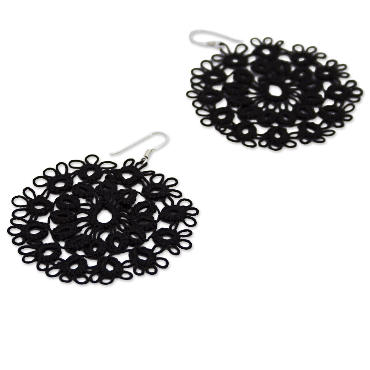 Black Doily Handcrafted Black Cotton Dangle Earrings with Doily Motif