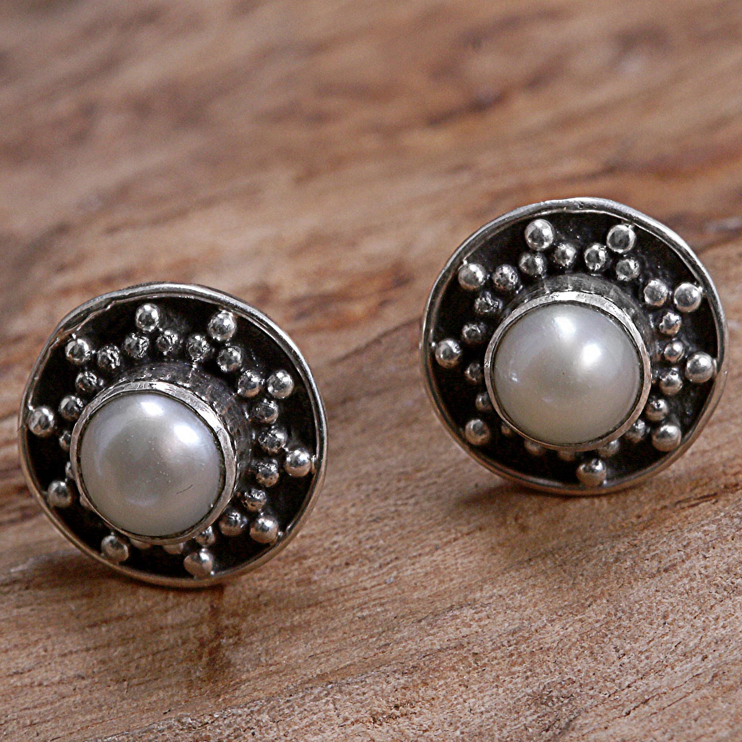 Glowing White Happiness Hand Made Cultured Pearl Stud Earrings from Indonesia