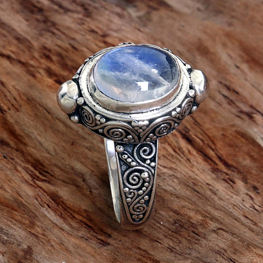 Magic Portal Sterling Silver Rainbow Moonstone Cocktail Ring Indonesia