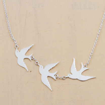 Three Doves Sterling Silver Pendant Necklace with 3 Birds from Peru