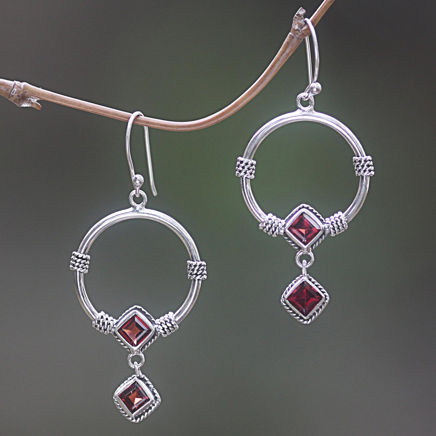 Rings of Happiness in Red Sterling Silver and Garnet Dangle Earrings from Indonesia