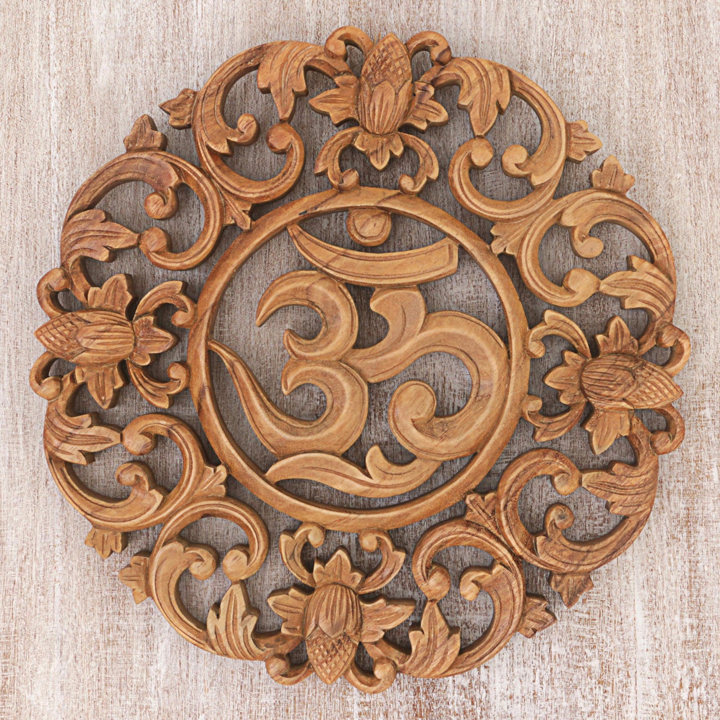 Flower Om Hand Made Wood Wall Relief Panel of Floral Om from Indonesia