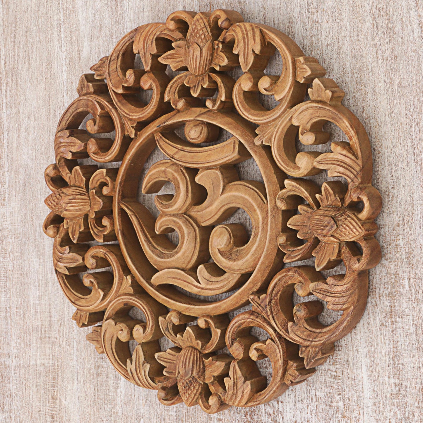 Flower Om Hand Made Wood Wall Relief Panel of Floral Om from Indonesia