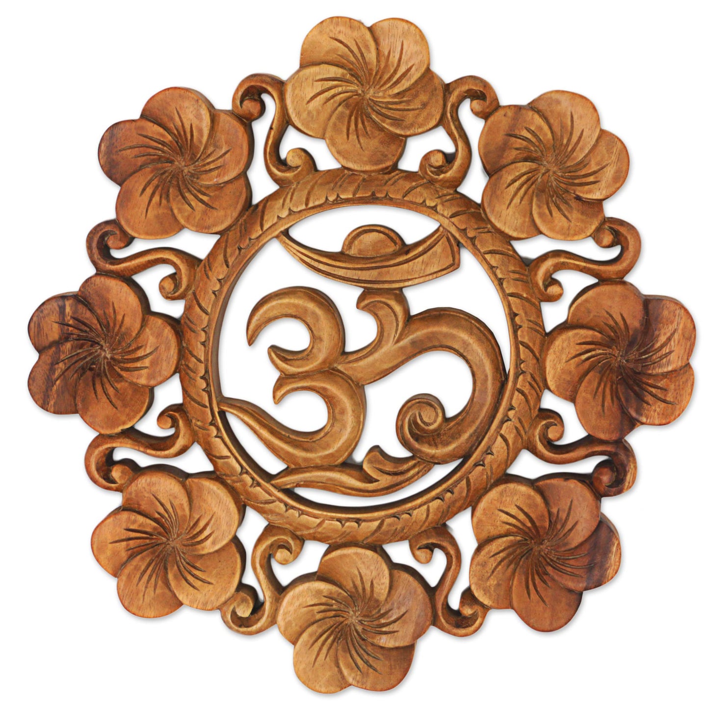 Blooming Om Suar Wood Wall Relief Panel Floral Om from Indonesia