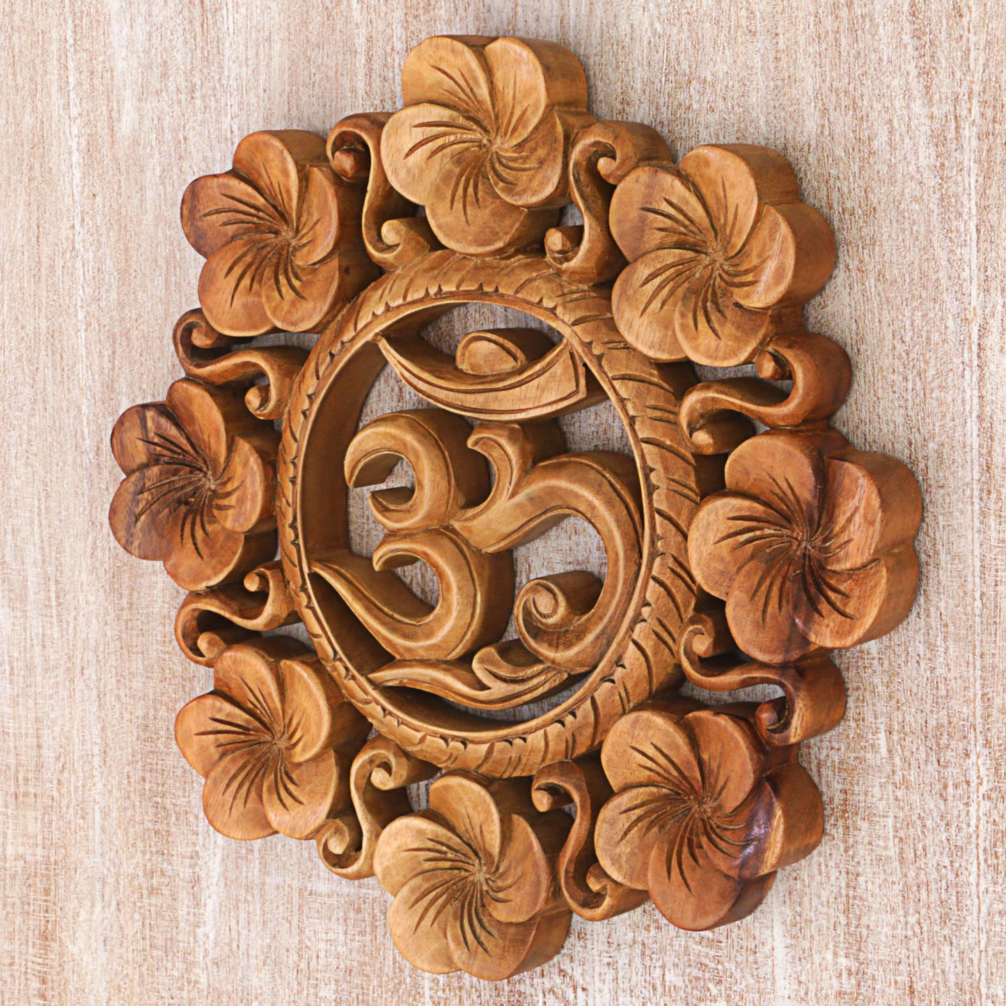 Blooming Om Suar Wood Wall Relief Panel Floral Om from Indonesia