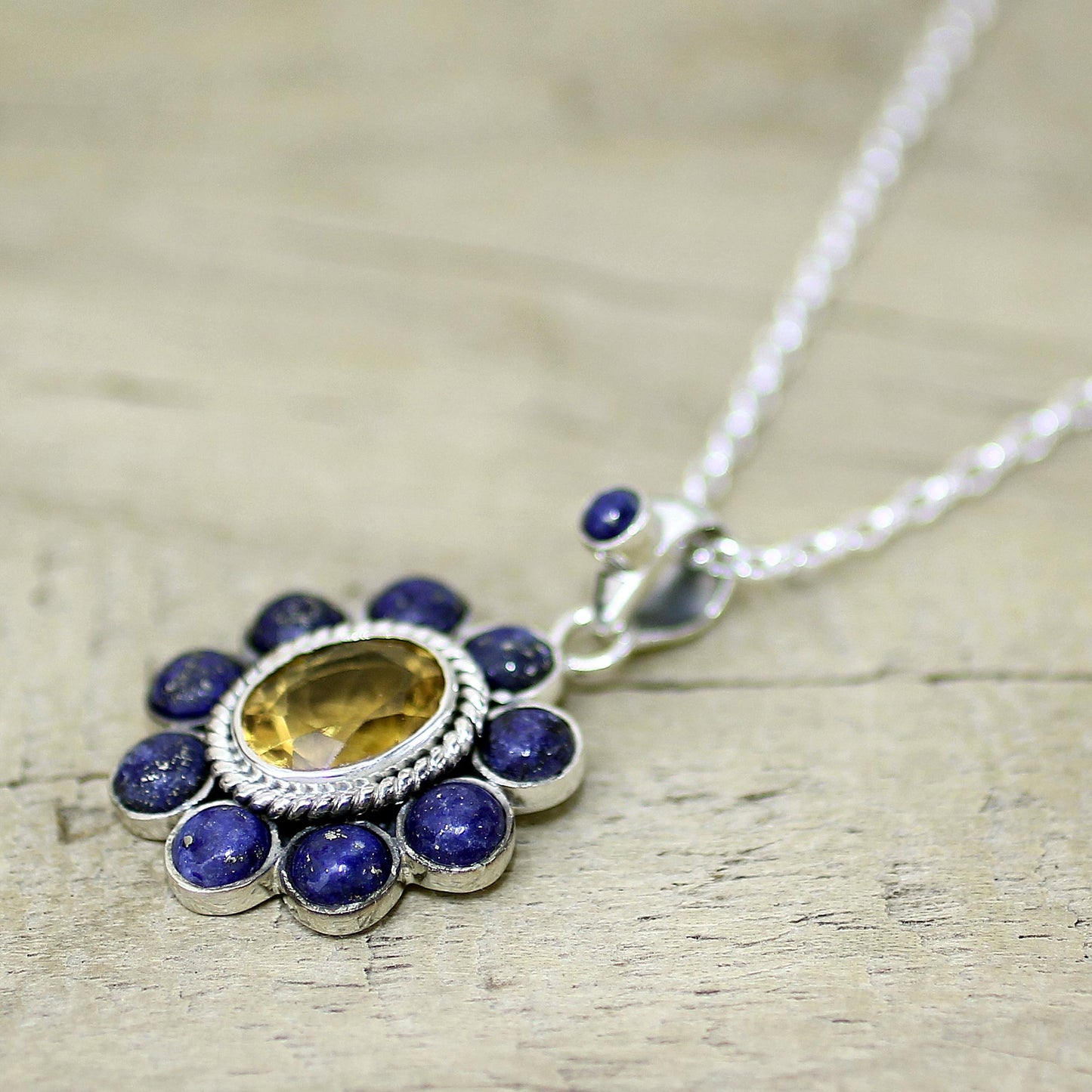 Sunny Blue Citrine Lapiz Lazuli Sterling Silver Necklace NOVICA India