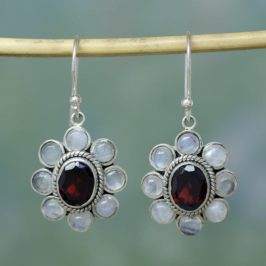 Pure Radiance Rainbow Moonstone Garnet Sterling Silver Dangle Earrings