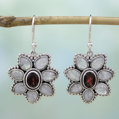 Camellia Blossoms Rainbow Moonstone Garnet Dangle Earrings from India