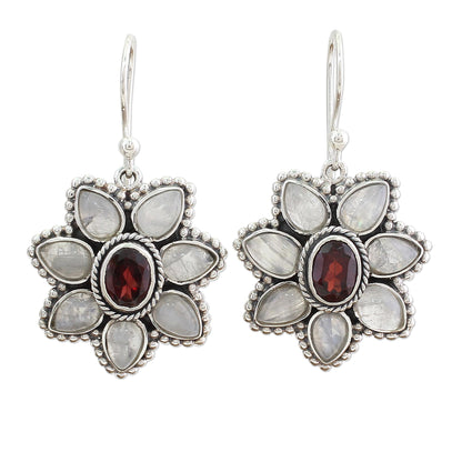 Camellia Blossoms Rainbow Moonstone Garnet Dangle Earrings from India