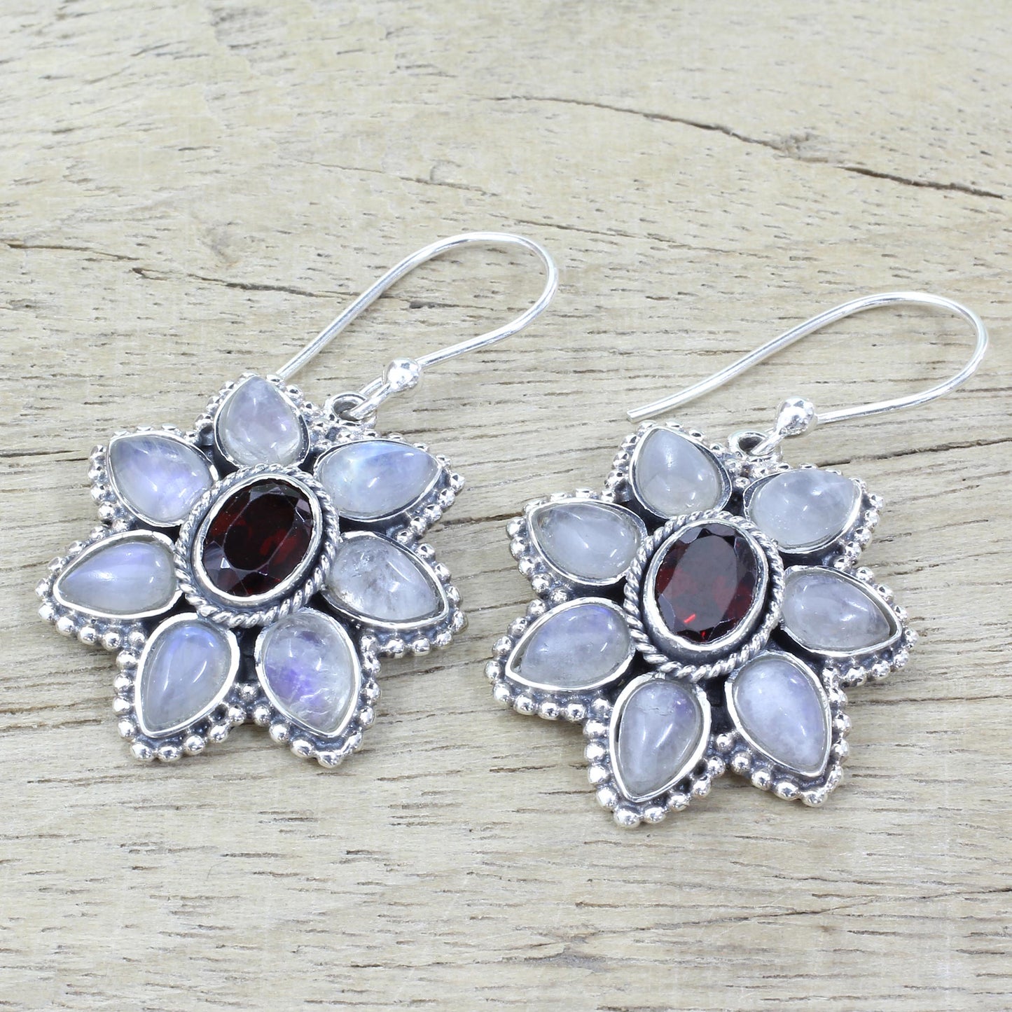 Camellia Blossoms Rainbow Moonstone Garnet Dangle Earrings from India