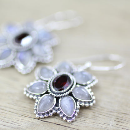 Camellia Blossoms Rainbow Moonstone Garnet Dangle Earrings from India