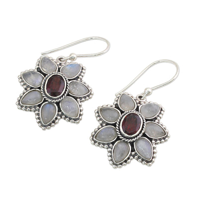 Camellia Blossoms Rainbow Moonstone Garnet Dangle Earrings from India