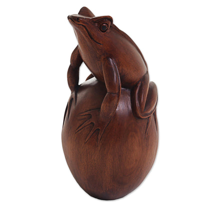 Proud Frog Hand Carved Suar Wood Frog on Pebble Sculpture