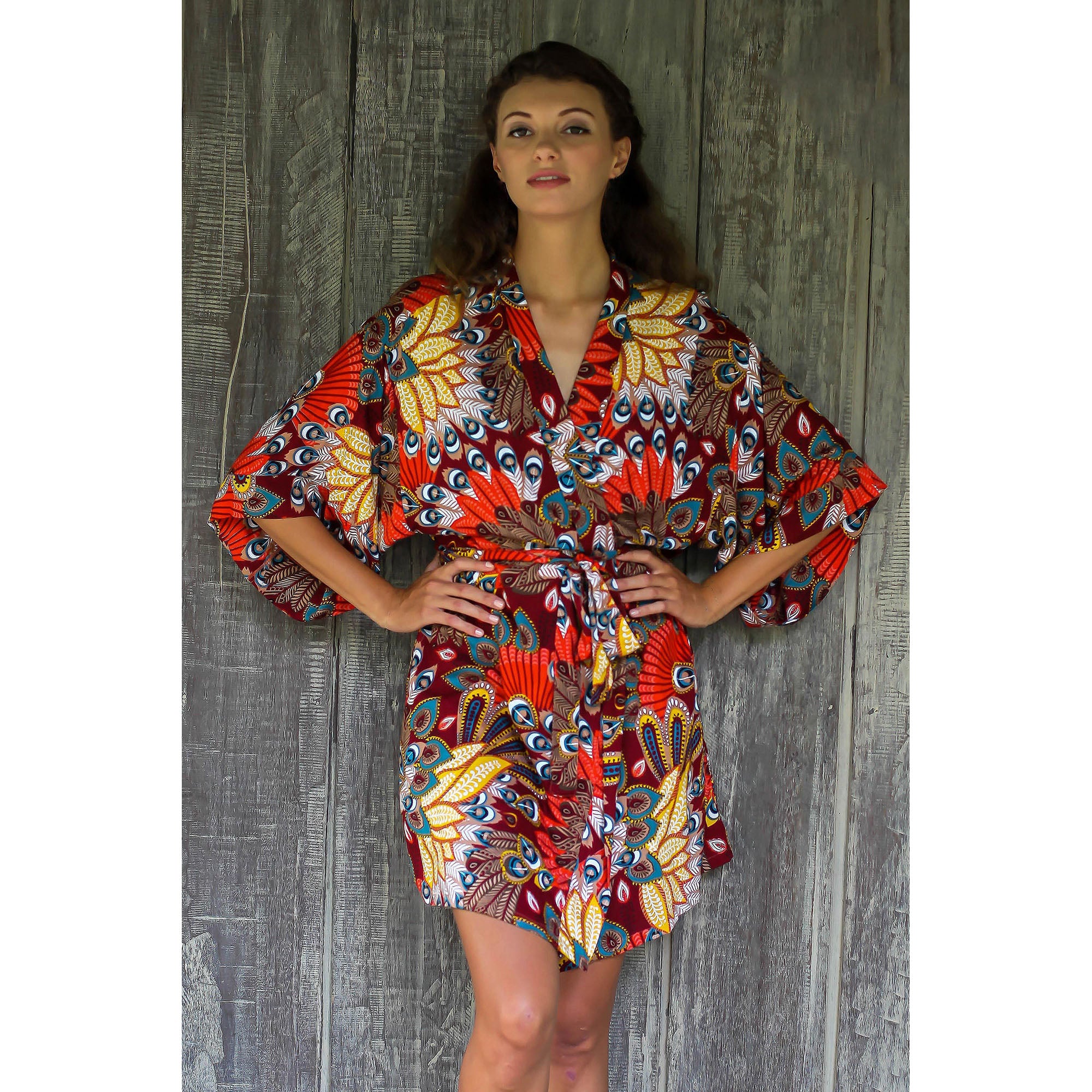 Red Robe Pulp NOVICA Brush Fire Red Peacock Rayon Robe | GreaterGood