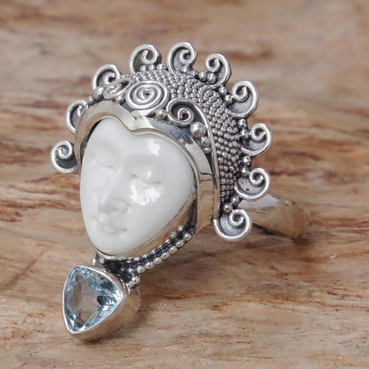 Saraswati Face Blue Topaz Sterling Silver Bone Cocktail Ring from Bali