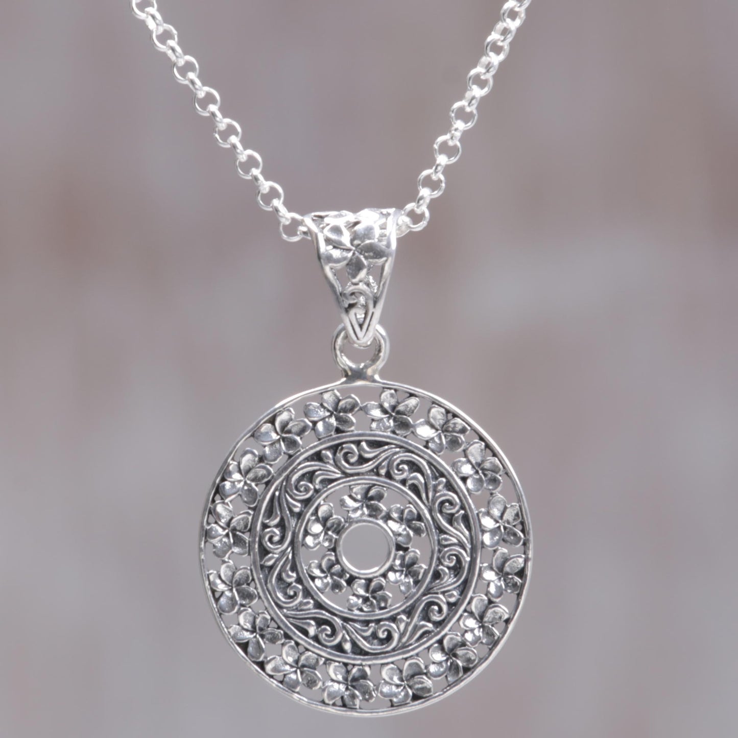 Frangipani Altar Circular Floral Sterling Silver Pendant Necklace Indonesia