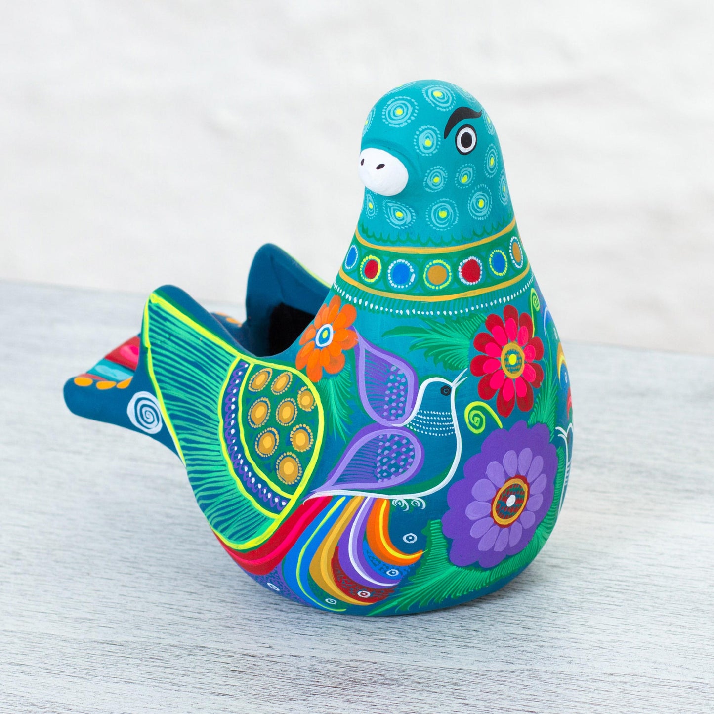 Teal Dove Ceramic Hand Painted Dove Sculpture Floral Motif from Mexico