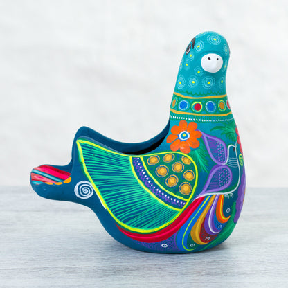 Teal Dove Ceramic Hand Painted Dove Sculpture Floral Motif from Mexico