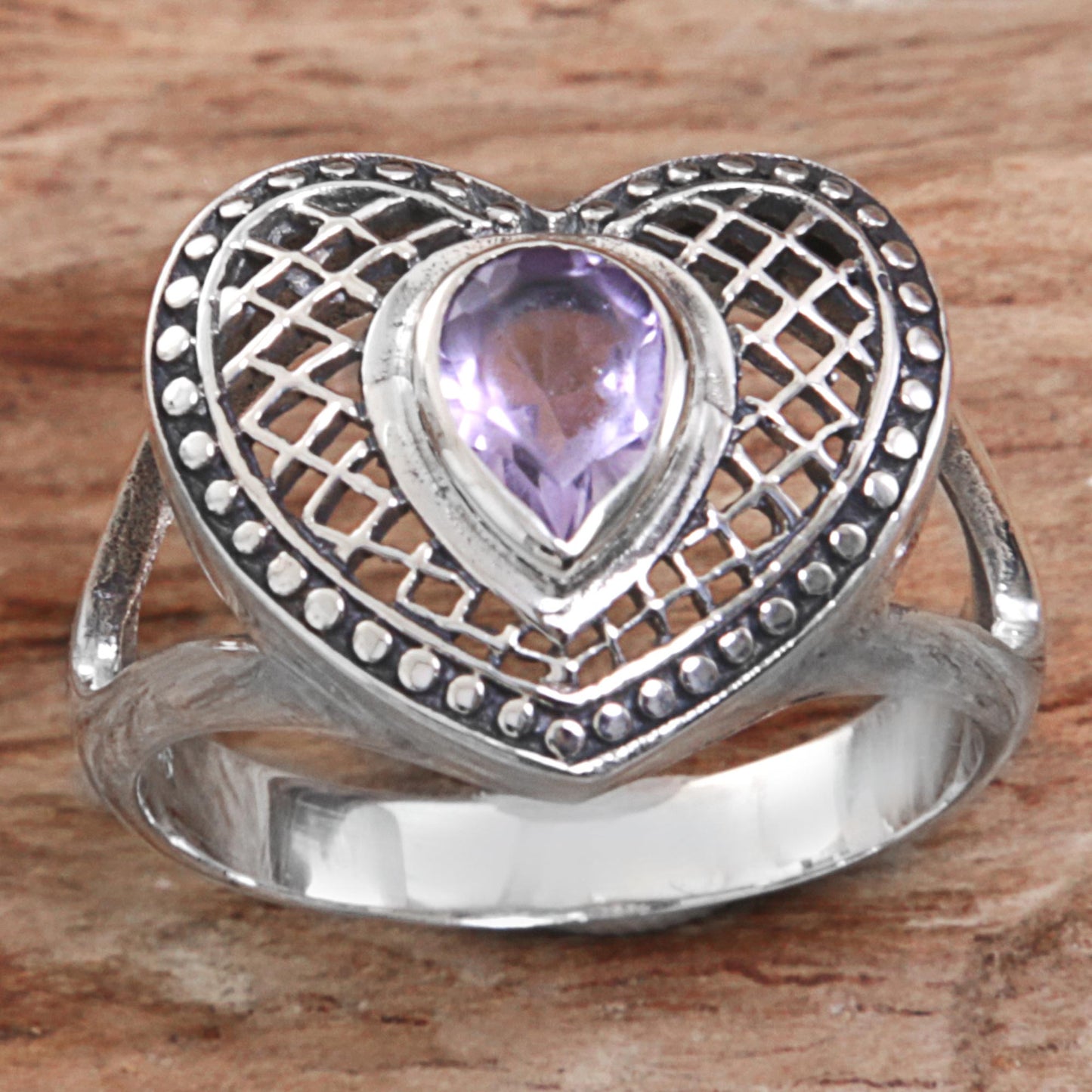 Bali Heart in Purple Sterling Silver Amethyst Heart Cocktail Ring from Indonesia