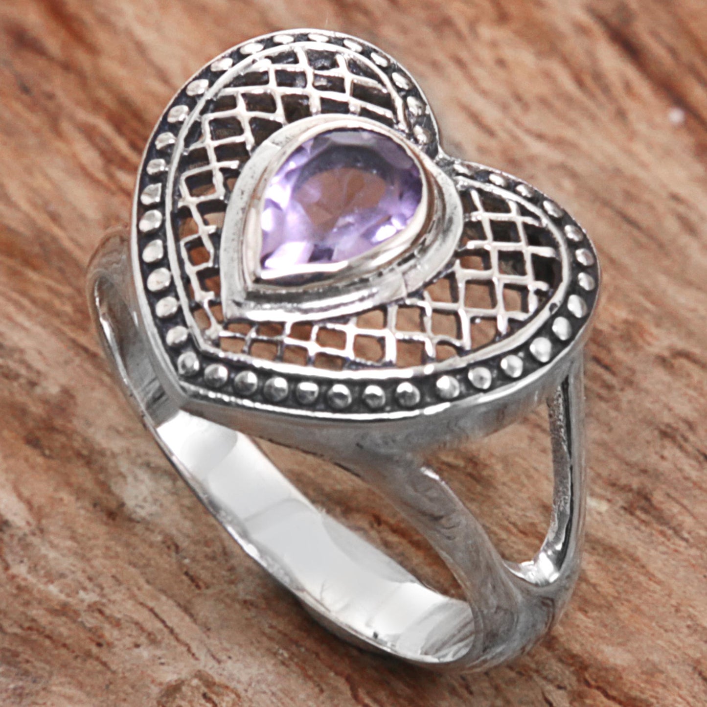 Bali Heart in Purple Sterling Silver Amethyst Heart Cocktail Ring from Indonesia