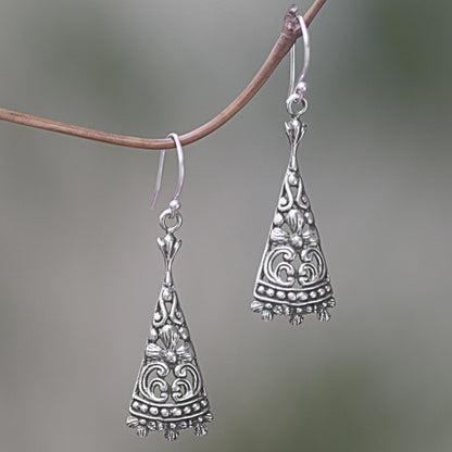 Floral Courage Triangular Floral Sterling Silver Dangle Earrings from Bali