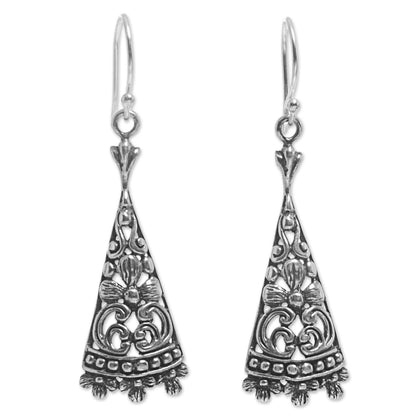 Floral Courage Triangular Floral Sterling Silver Dangle Earrings from Bali